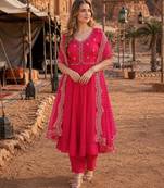Rani pink chanderi silk anarkali readymade suit with thread embroidery work