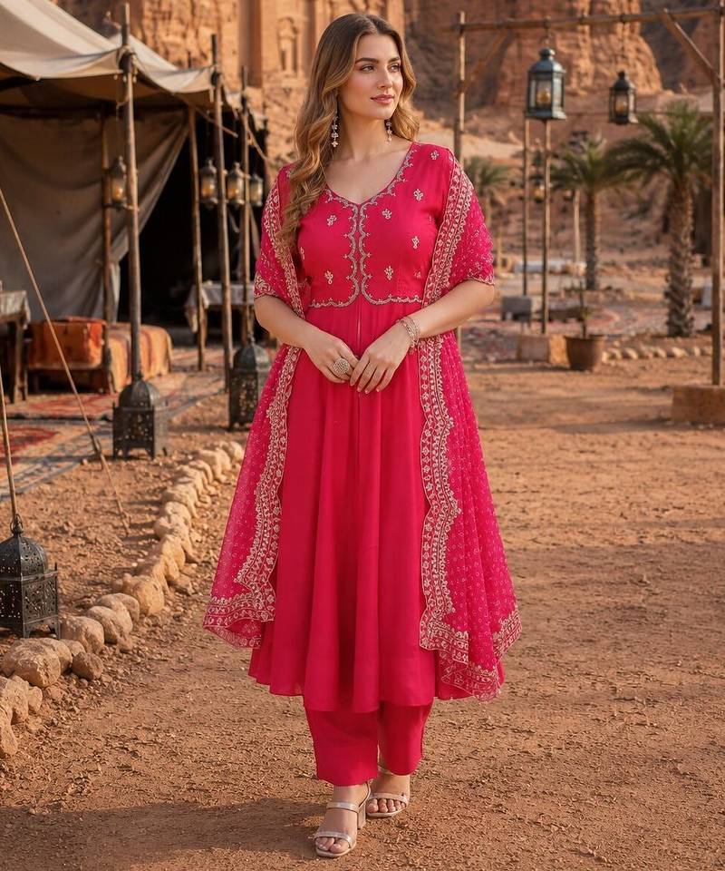 Rani pink chanderi silk anarkali readymade suit with thread embroidery work