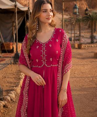 Rani pink chanderi silk anarkali readymade suit with thread embroidery work 2