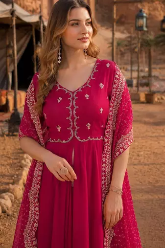 Rani pink chanderi silk anarkali readymade suit with thread embroidery work