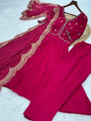 Rani pink chanderi silk anarkali readymade suit with thread embroidery work 3