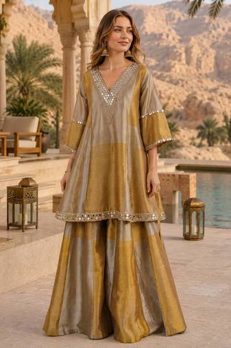 Grey & mustard tissue silk readymade suit with embroidery & mirror work