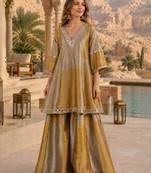 Grey & mustard tissue silk readymade suit with embroidery & mirror work