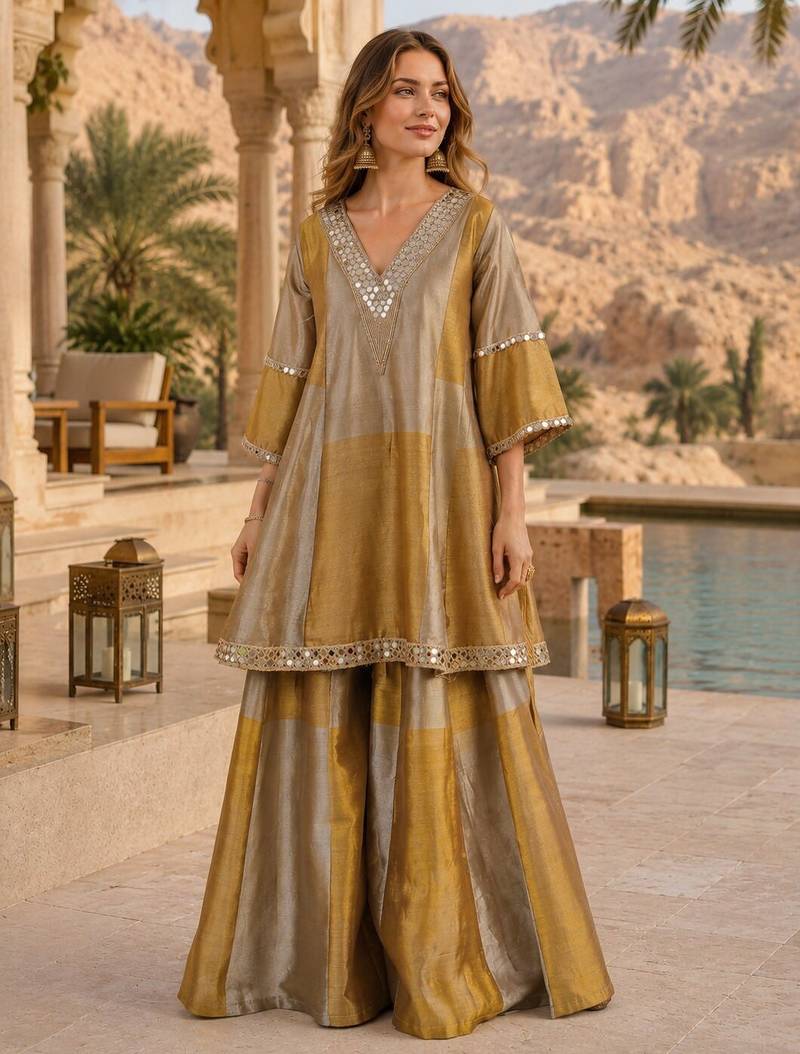 Grey & mustard tissue silk readymade suit with embroidery & mirror work
