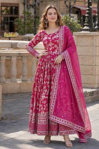 Pink viscose anarkali suit with embroidery & sequin work