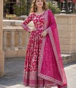 Pink viscose readymade anarkali suit with embroidery & sequence work