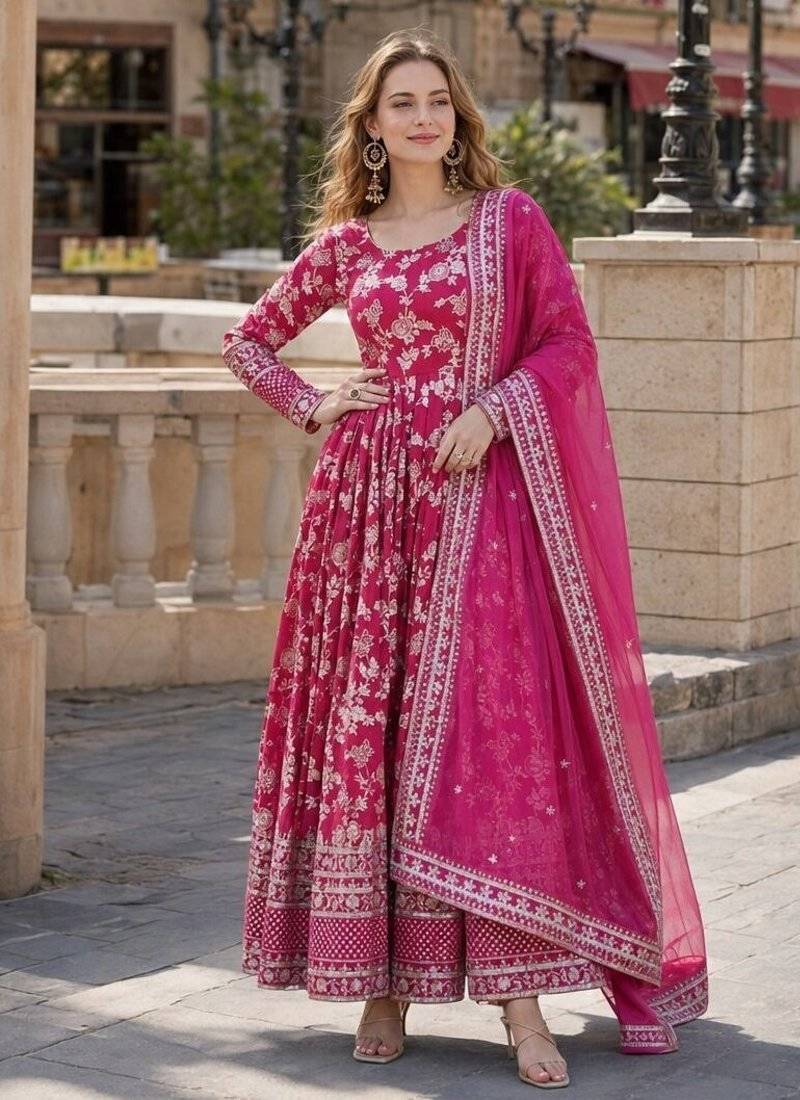 Pink viscose readymade anarkali suit with embroidery & sequence work