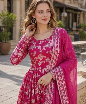 Pink viscose anarkali suit with embroidery & sequin work 2