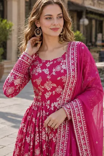 Pink viscose anarkali suit with embroidery & sequin work