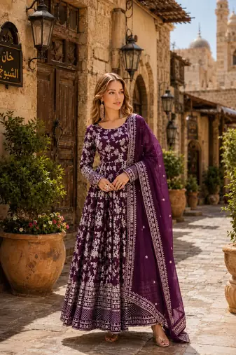 R blue viscose readymade anarkali suit with embroidery & sequin work