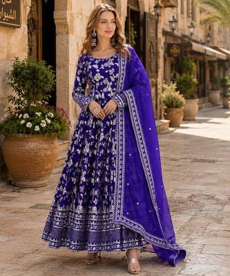 R blue viscose readymade anarkali suit with embroidery & sequin work 1