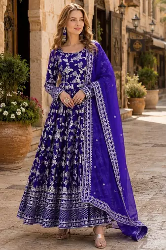 R blue viscose readymade anarkali suit with embroidery & sequence work