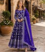 R blue viscose readymade anarkali suit with embroidery & sequence work