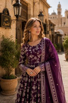 R blue viscose readymade anarkali suit with embroidery & sequin work 2