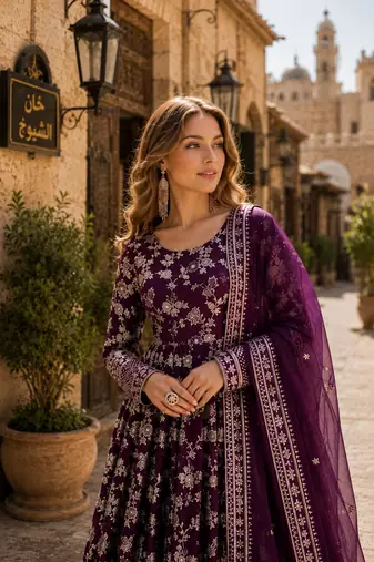 R blue viscose readymade anarkali suit with embroidery & sequin work
