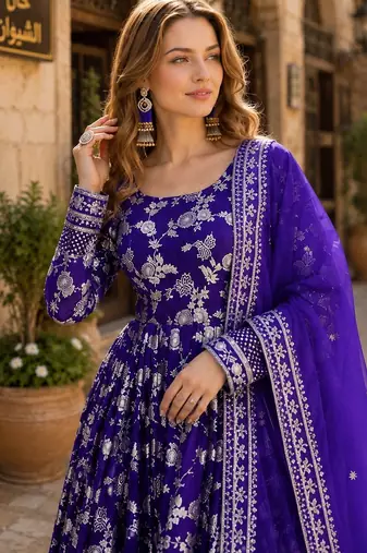 R blue viscose readymade anarkali suit with embroidery & sequence work