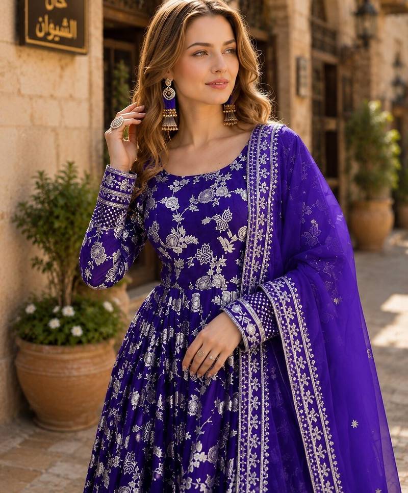 R blue viscose readymade anarkali suit with embroidery & sequence work