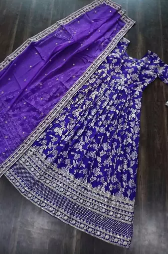 R blue viscose readymade anarkali suit with embroidery & sequence work