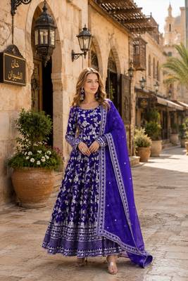 Purple viscose readymade anarkali suit with embroidery & sequin work 1