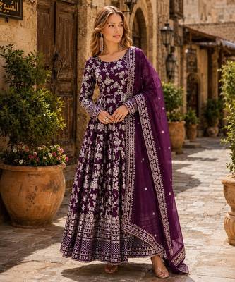 Purple viscose readymade anarkali suit with embroidery & sequin work 1