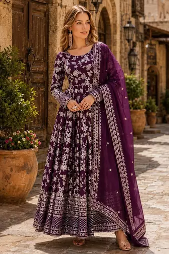 Purple viscose readymade anarkali suit with embroidery & sequence work