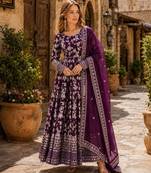 Purple viscose readymade anarkali suit with embroidery & sequence work