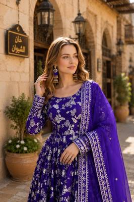 Purple viscose readymade anarkali suit with embroidery & sequin work 2