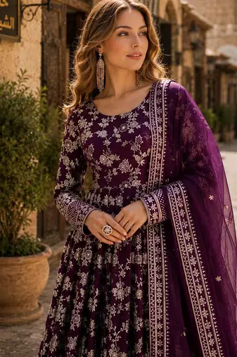 Purple viscose readymade anarkali suit with embroidery & sequence work