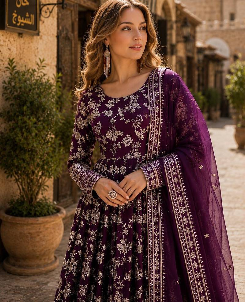 Purple viscose readymade anarkali suit with embroidery & sequence work