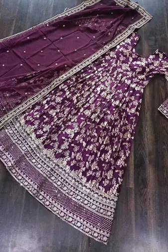 Purple viscose readymade anarkali suit with embroidery & sequence work