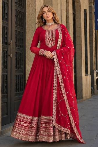 Red georgette anarkali suit with embroidery & sequin work