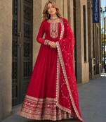 Red georgette readymade anarkali suit with embroidery & sequence work