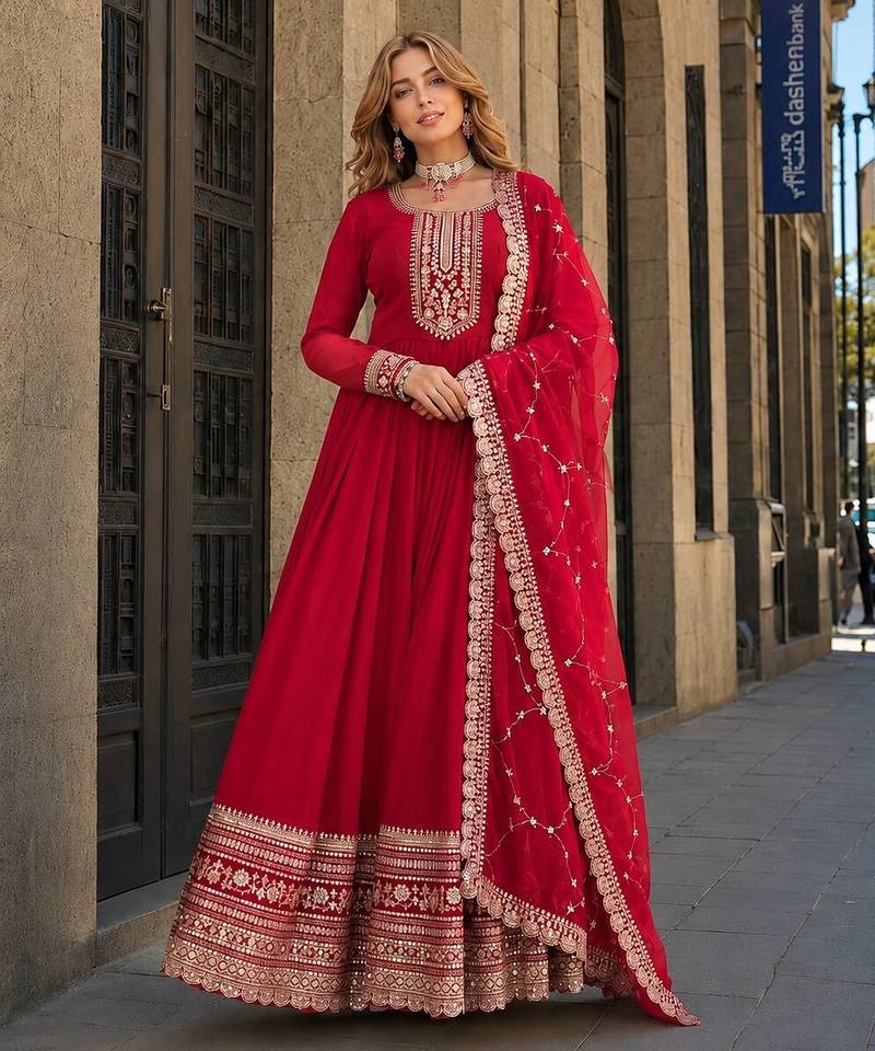 Red georgette readymade anarkali suit with embroidery & sequence work