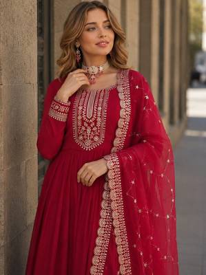 Red georgette anarkali suit with embroidery & sequin work 2