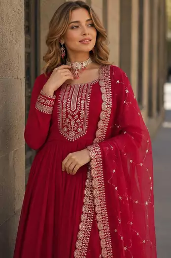Red georgette anarkali suit with embroidery & sequin work
