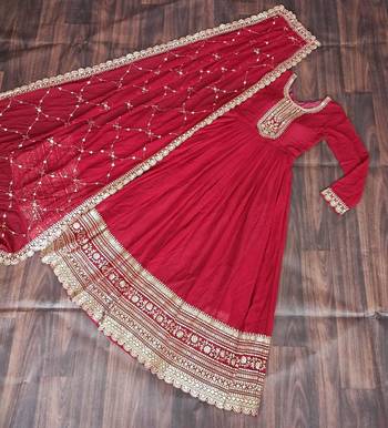 Red georgette anarkali suit with embroidery & sequin work 3