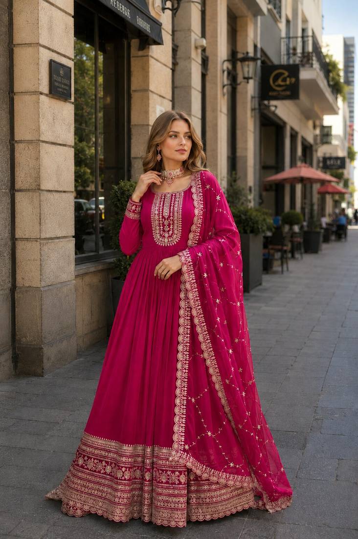 Pink georgette readymade anarkali suit with embroidery & sequence work