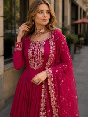 Pink georgette readymade anarkali suit with embroidery & sequin work 2