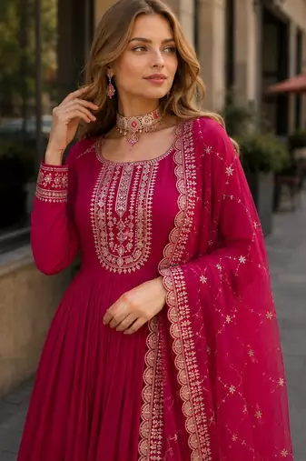 Pink georgette readymade anarkali suit with embroidery & sequin work