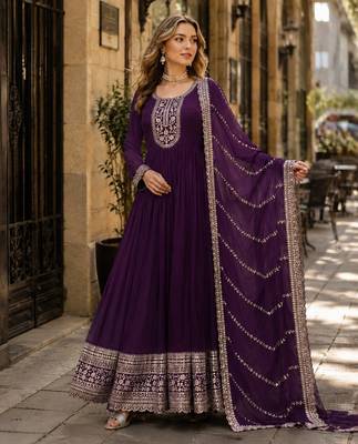 Purple georgette readymade anarkali suit with embroidery & sequin work 1