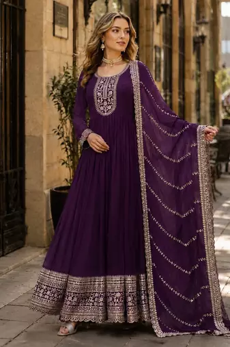 Purple georgette readymade anarkali suit with embroidery & sequence work