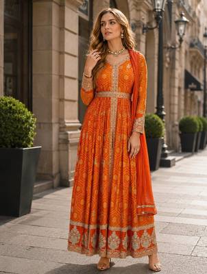 Orange chinon anarkali suit with embroidery & coding work 1