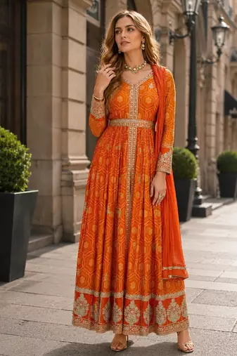 Orange chinon anarkali readymade suit with embroidery & coding work