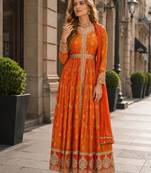 Orange chinon anarkali readymade suit with embroidery & coding work