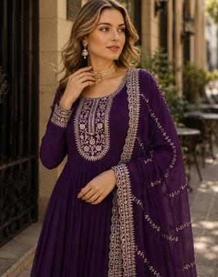 Purple georgette readymade anarkali suit with embroidery & sequin work 2