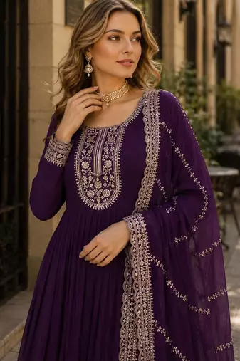 Purple georgette readymade anarkali suit with embroidery & sequence work