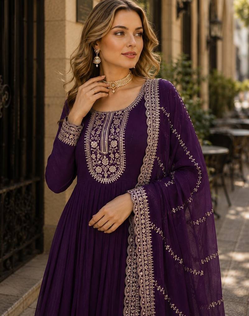 Purple georgette readymade anarkali suit with embroidery & sequence work