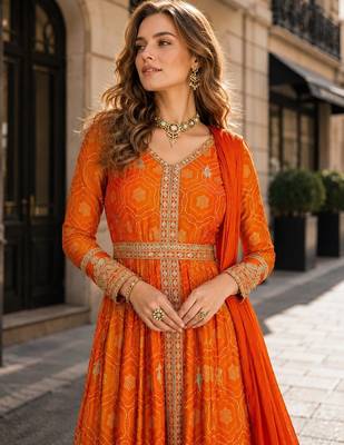 Orange chinon anarkali suit with embroidery & coding work 2