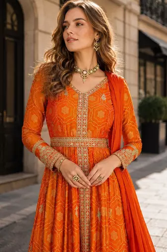 Orange chinon anarkali readymade suit with embroidery & coding work