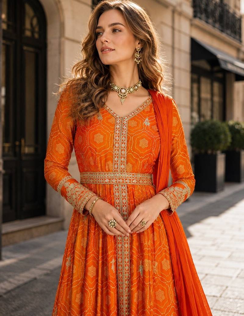 Orange chinon anarkali readymade suit with embroidery & coding work